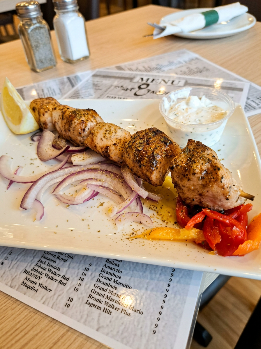 Chicken souvlaki skewer with tzatziki, peppers and onions